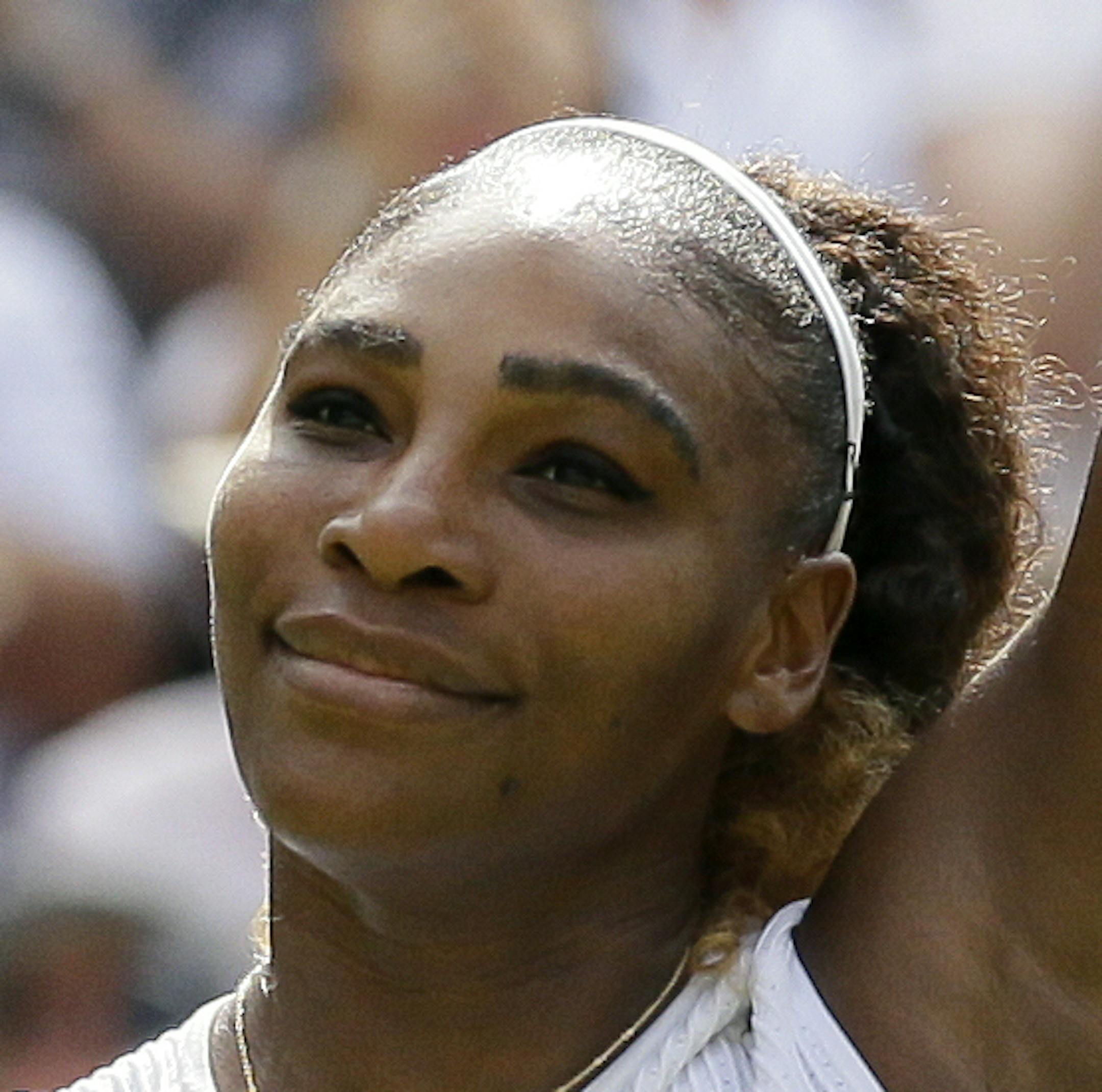 United States' Serena Williams waves after defeating Czech Republic's Barbora Strycova during a women's singles semifinal match on day ten of the Wimbledon Tennis Championships in London, Thursday, July 11, 2019. (AP Photo/Tim Ireland)