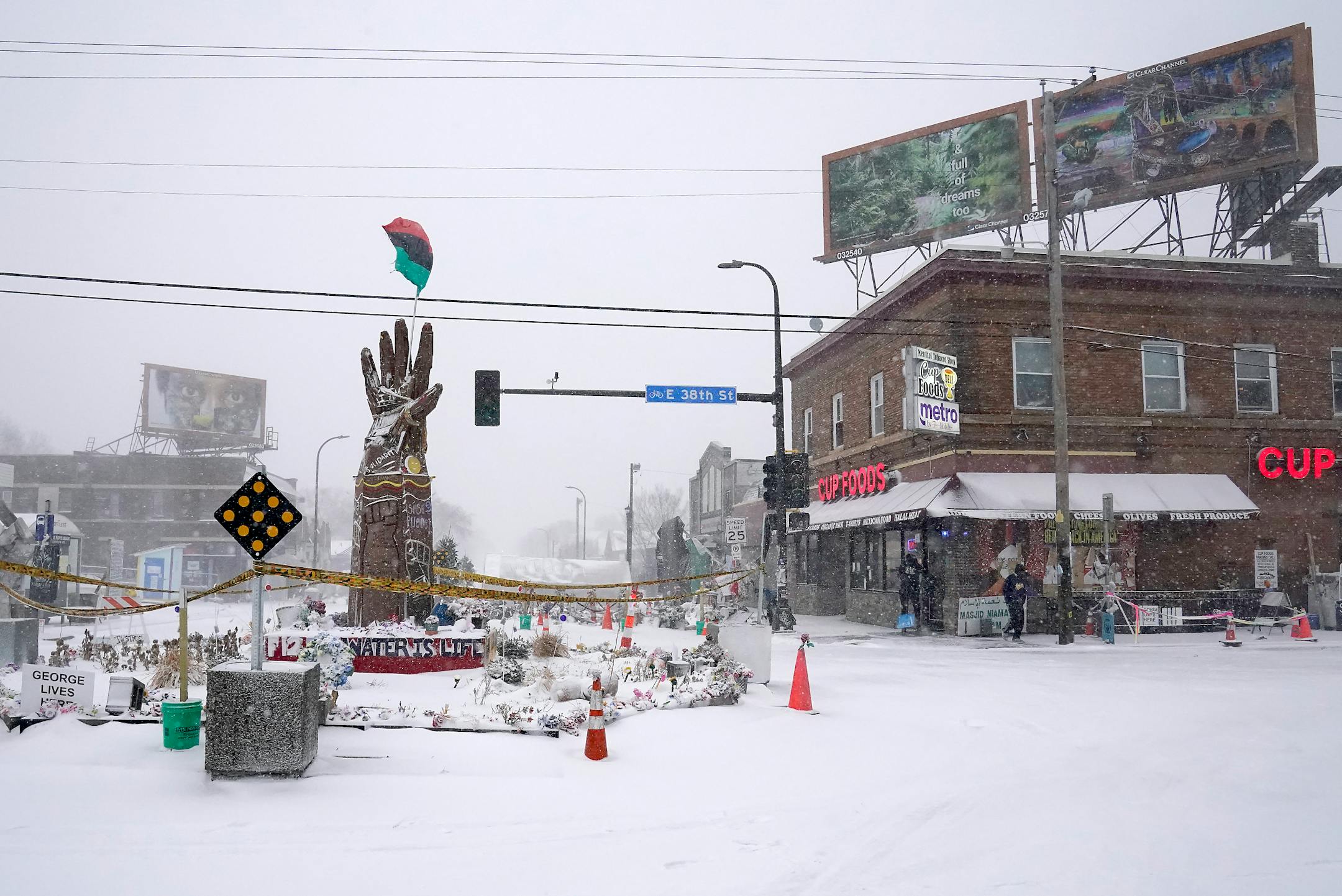 Snow fell and strong winds blew on George Floyd Square at 38th and Chicago Ave. S. Wednesday in Minneapolis.