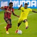 Atlanta United defender George Bello, left, and Nashville SC forward Abu Danladi, right, battle during the first half of an MLS soccer match Saturday,