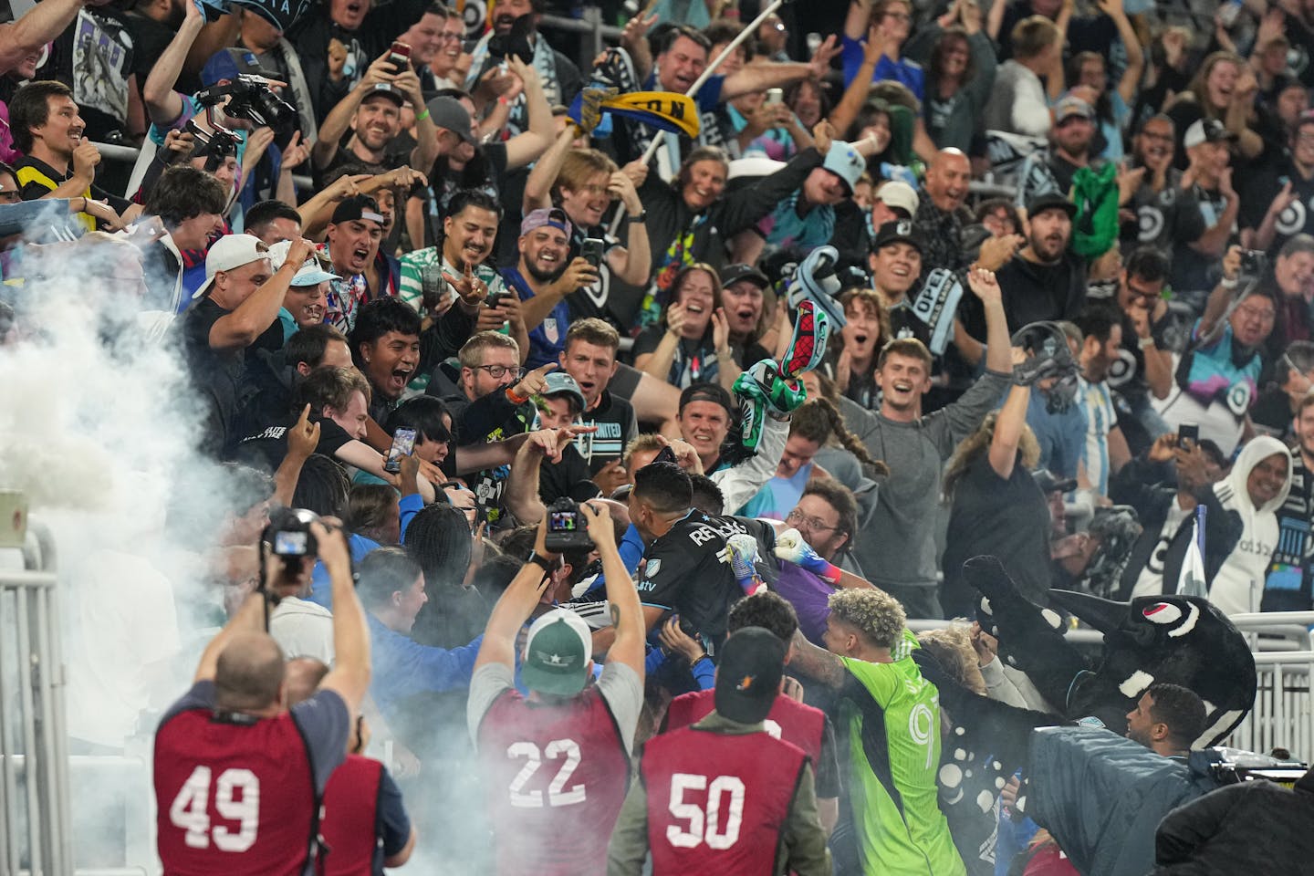 Loons players took to the stands after scoring the final goal to tie the game 1-1 in the final seconds Saturday, Sept. 9, 2023 at Allianz Field in St. Paul. ] GLEN STUBBE • glen.stubbe@startribune.com