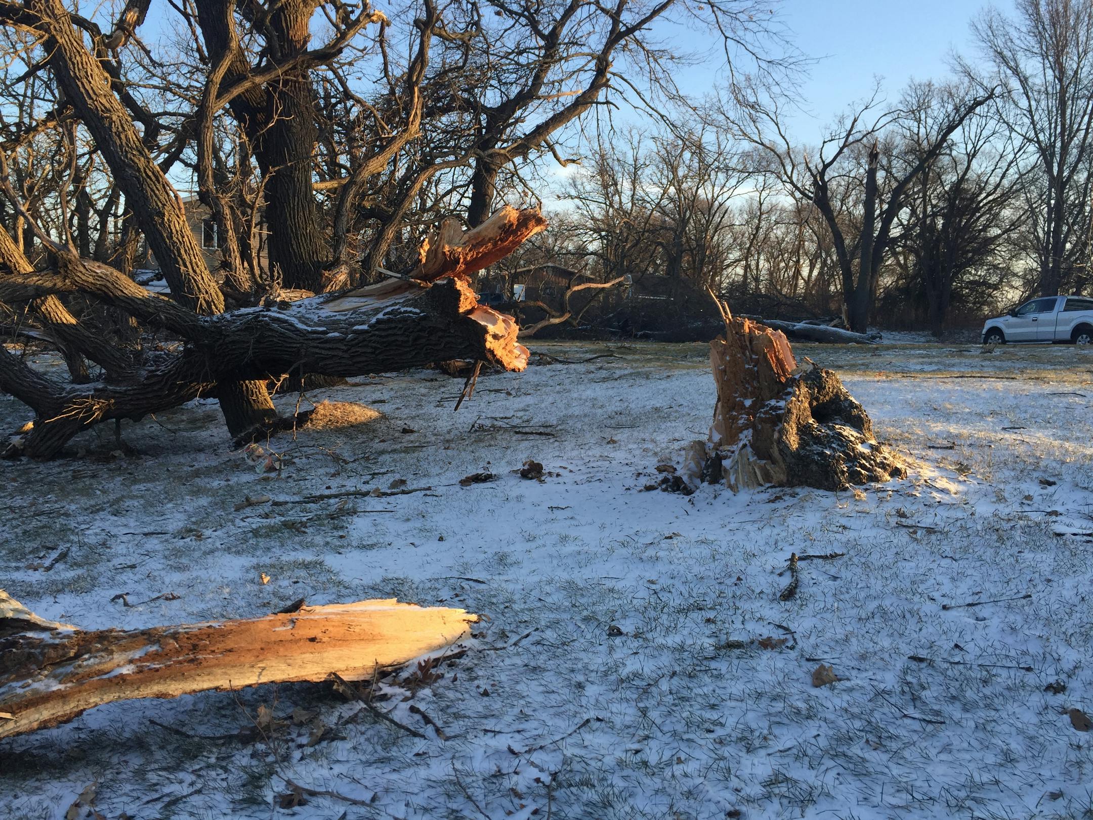 Damage from a suspected tornado Monday in Orrock Township, near Zimmerman, Minn.