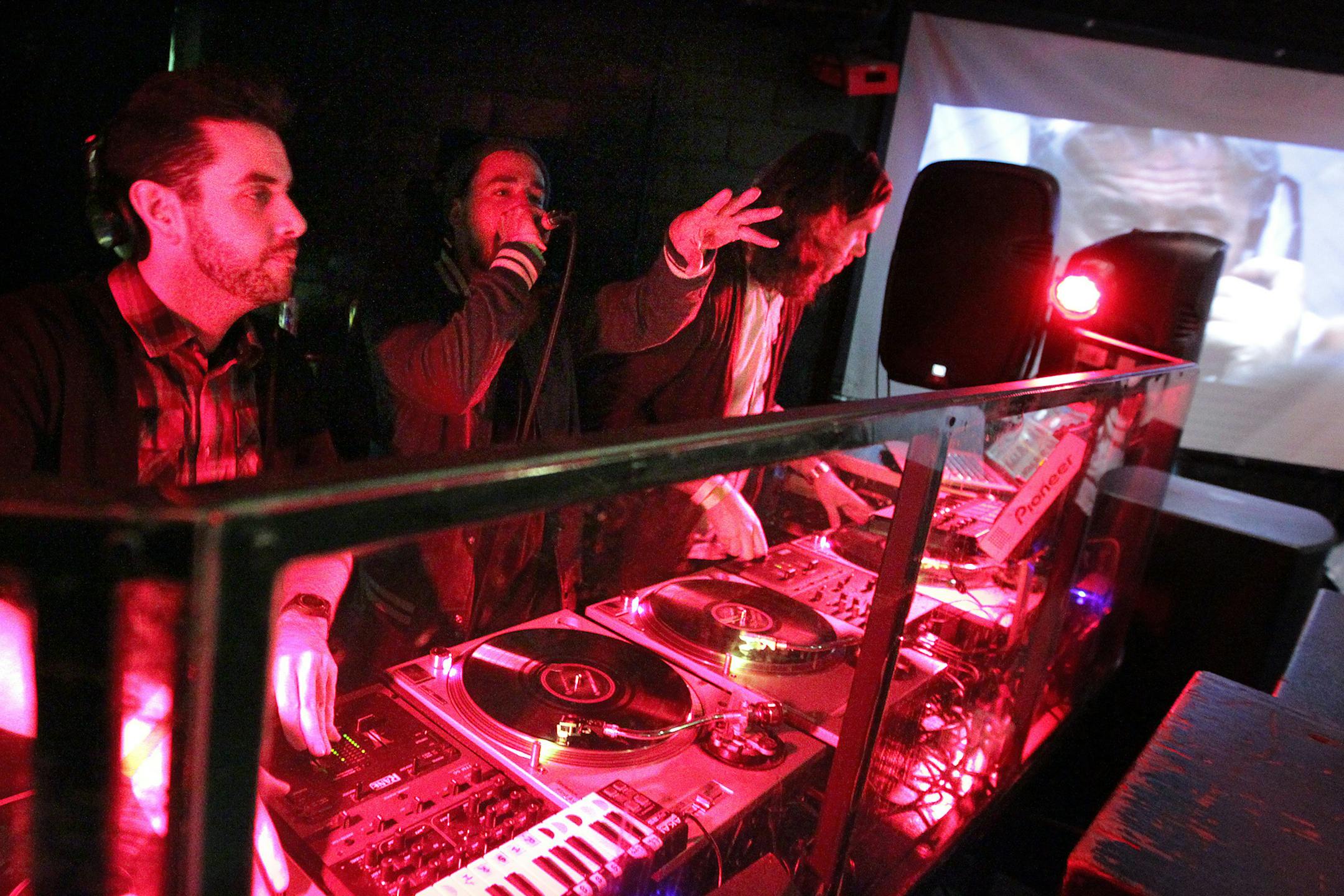 Left to right, Jimmy 2 Times, Last Word and Plain Ole Bill deejay together at the Get Cryphy dance night in the Record Room at First Avenue in Minneapolis February 1, 2013. (Courtney Perry/Special to the Star Tribune)
