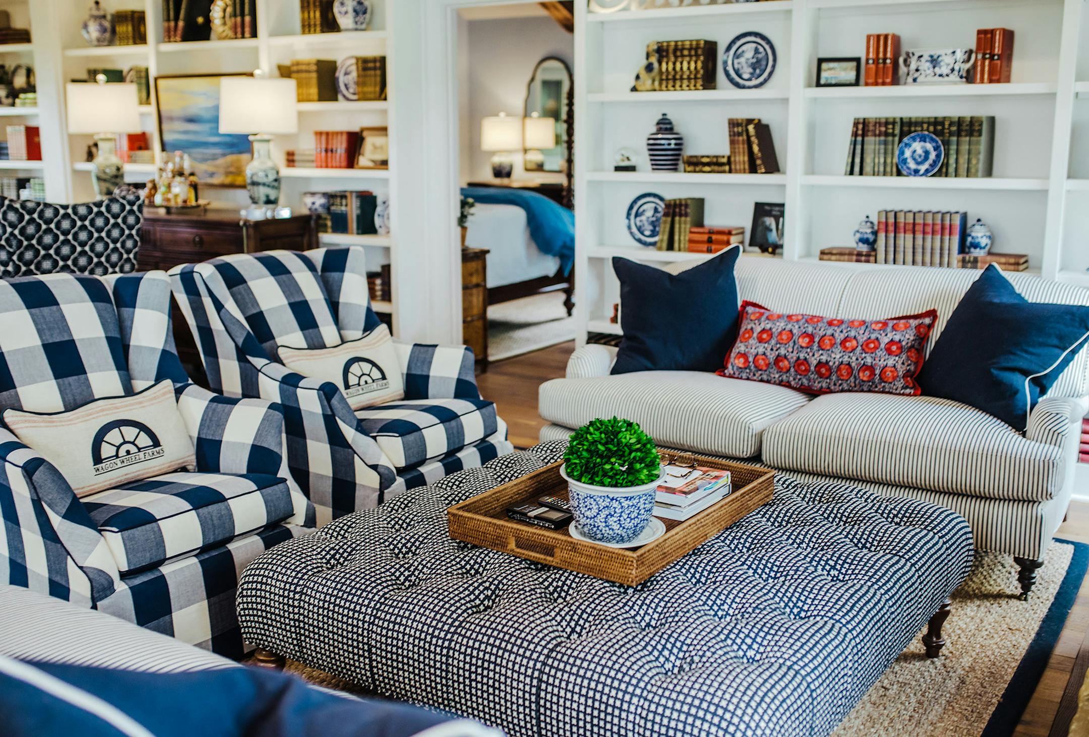 Tie your upholstery and your built-in shelf displays together with complementing colors and textures.