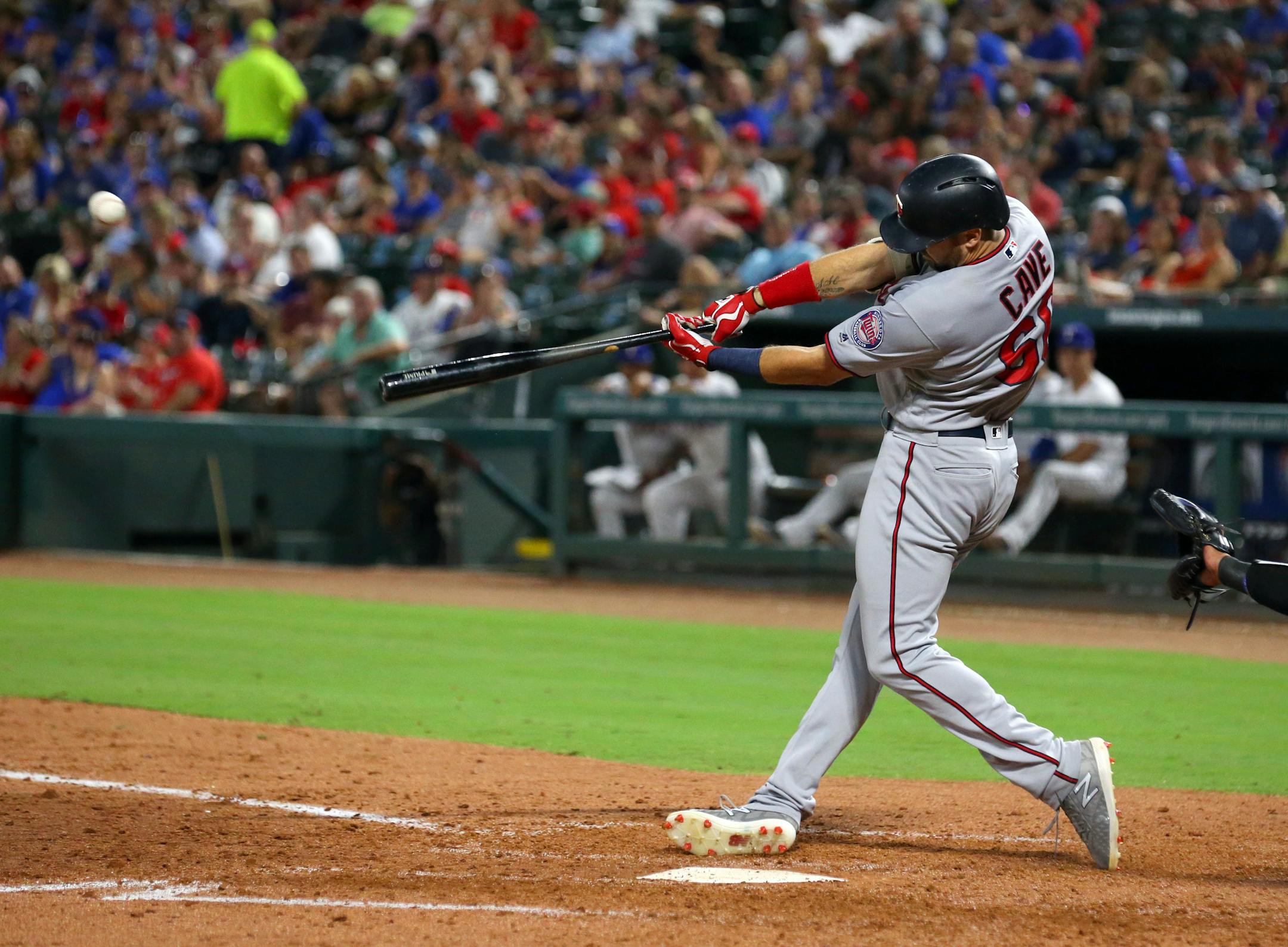 Jake Cave hit a two-run home run against the Rangers as part of a big fifth inning.