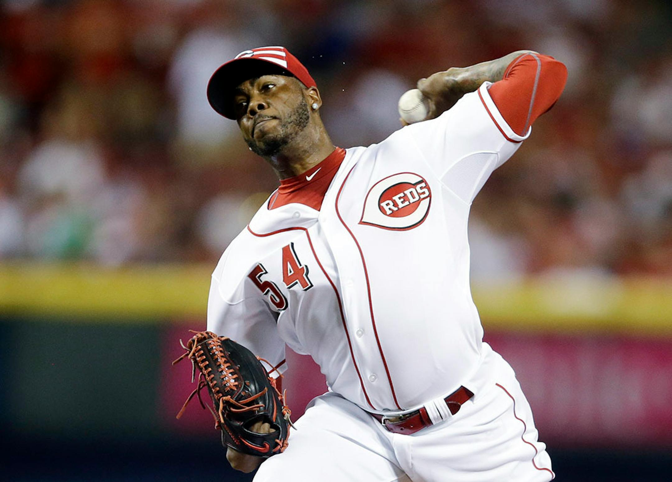 National League's Aroldis Chapman, of the Cincinnati Reds, throws during the ninth inning of the MLB All-Star baseball game, Tuesday, July 14, 2015, in Cincinnati.