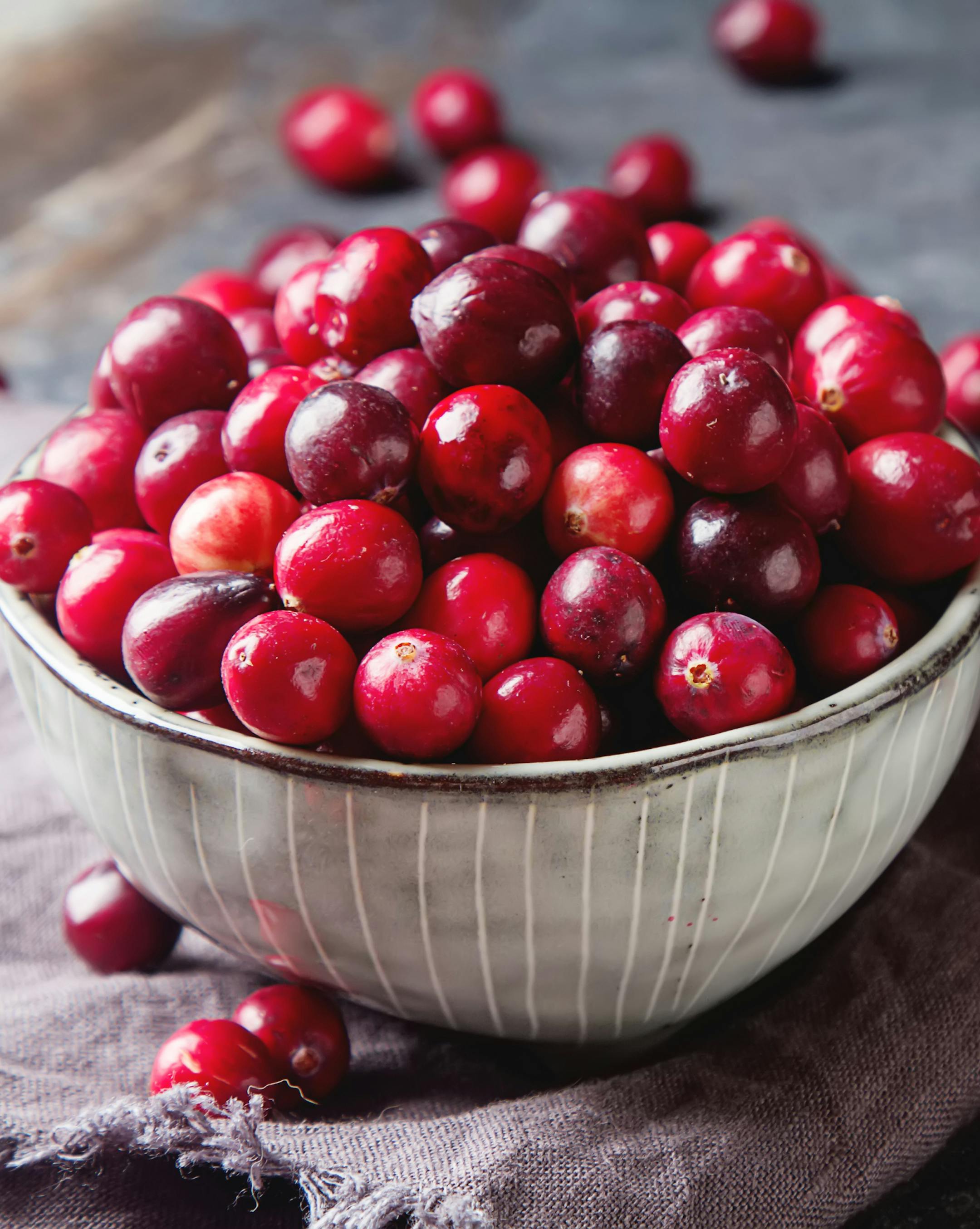Red berries on a dark background. cranberries in a bowl. istock
