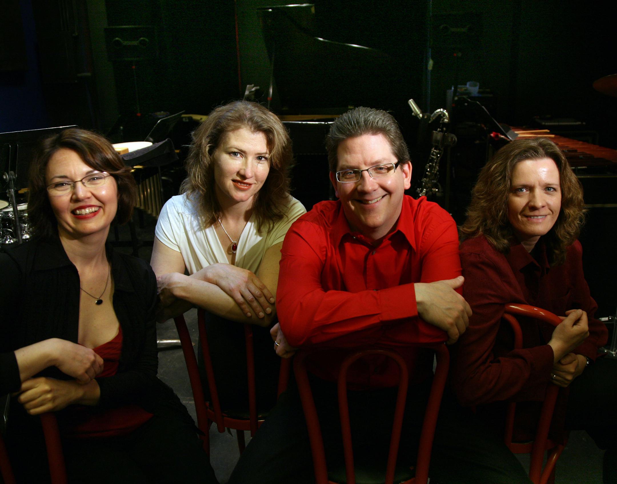 The local new-music ensemble Zeitgeist marks its 30 year anniversary in a series of concerts beg. June 13. From left, Shannon Wettstein, pianist, percussionist/artistic co-director Heather Barringer, woodwind player and artistic co-director Pat O'Keefe, and percussionist Patti Cudd.