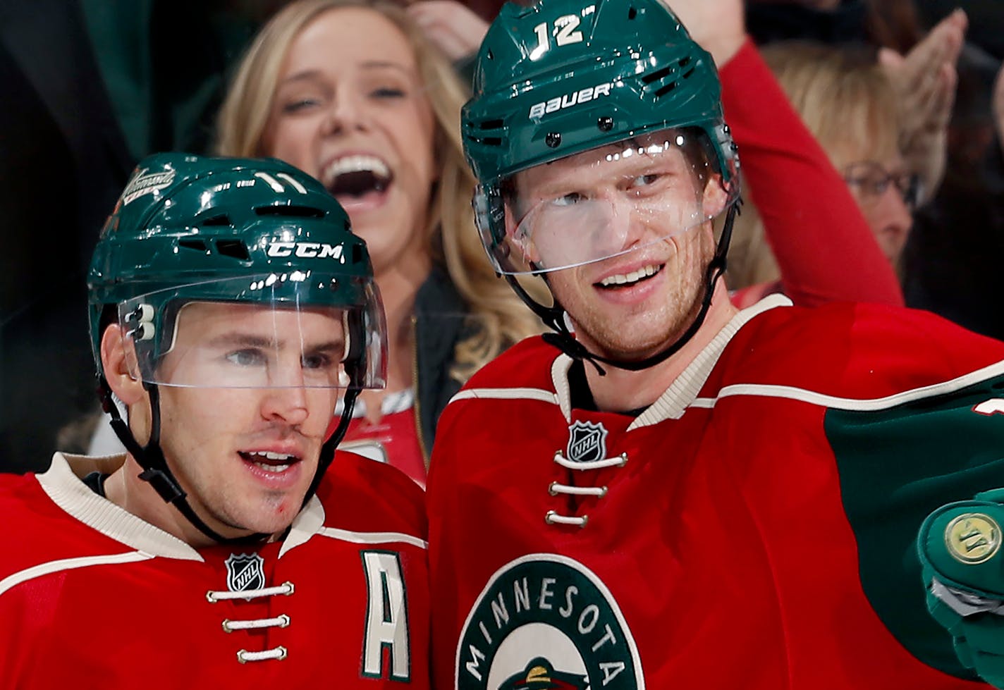 The Wild's Zach Parise, left, and Eric Staal ] CARLOS GONZALEZ cgonzalez@startribune.com - November 23, 2016, St. Paul, MN, Xcel Energy Center, NHL, Minnesota Wild vs. Winnipeg Jets