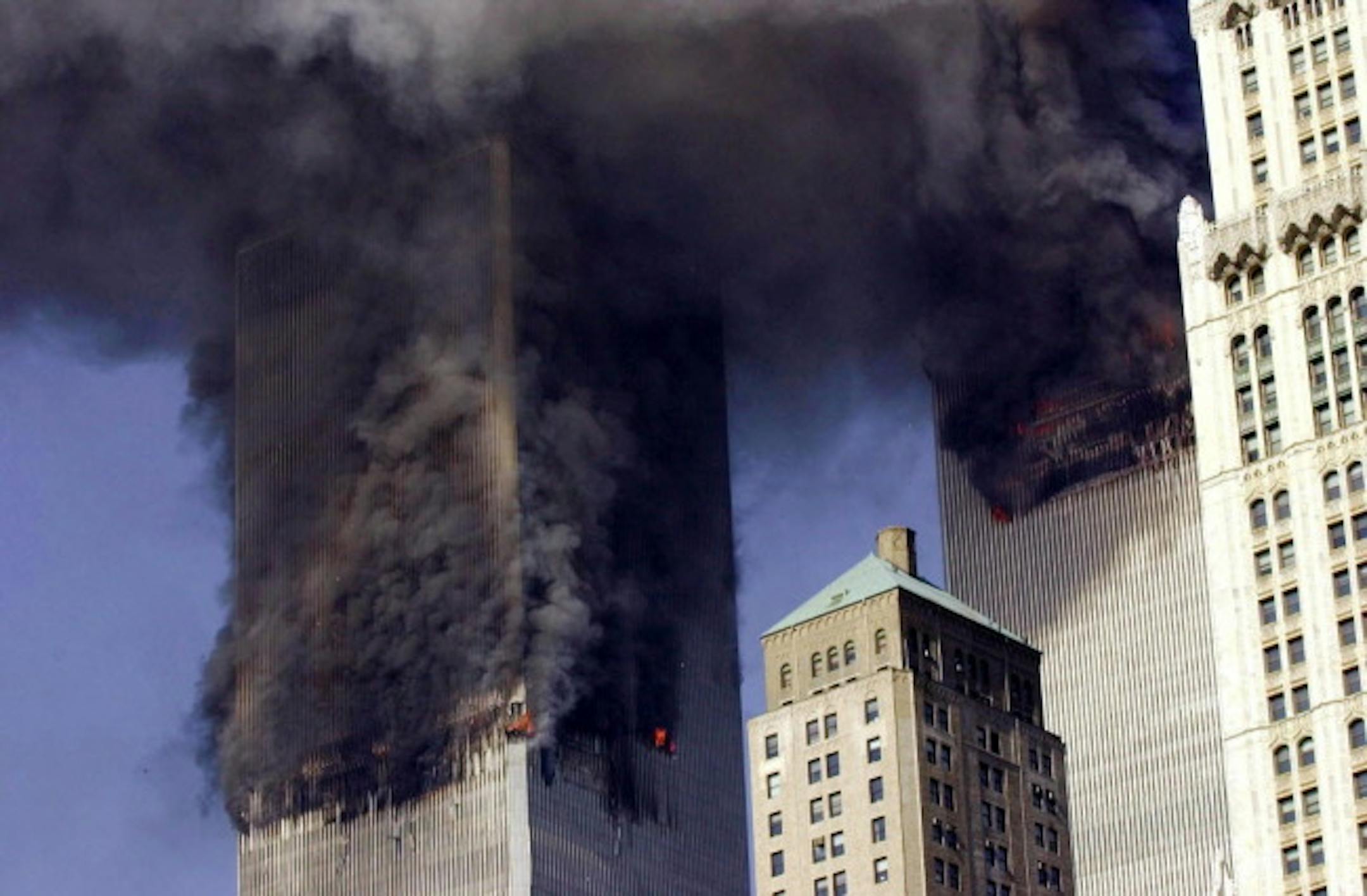 The Twin Towers of the World Trade Center burning on Sept. 11, 2001.