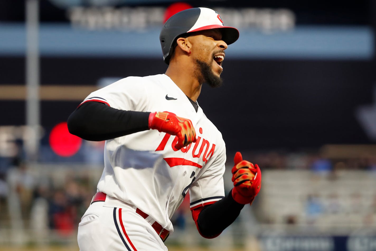 Minnesota Twins designated hitter Byron Buxton runs the bases on his three-run home run against the Kansas City Royals during the fourth inning of a baseball game Thursday, April 27, 2023, in Minneapolis. (AP Photo/Bruce Kluckhohn)