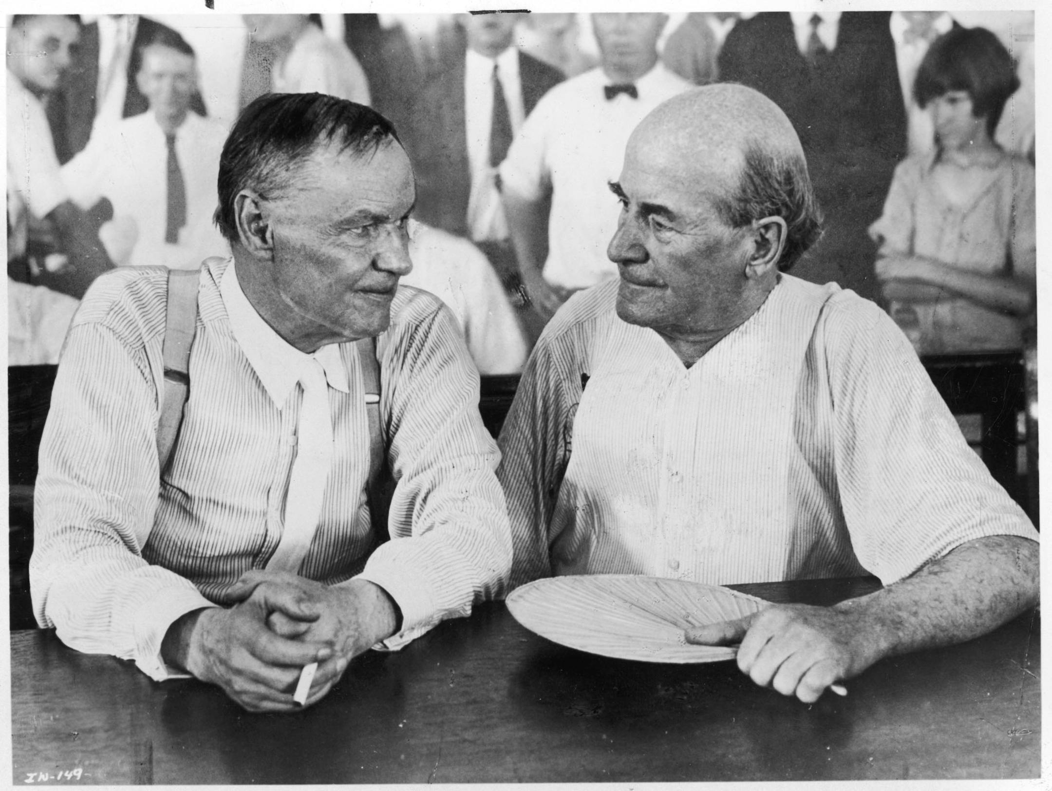 Photo made at Dayton, Tennessee, shows Clarence Darrow (left), the most famous criminal lawyer of his time, and William Jennings Bryan (right), noted lawyer & popular politician. They were rivals in the Scopes "Monkey" trial, about teaching evolution in schools, Darrow for the defense, Bryan for the prosecution.