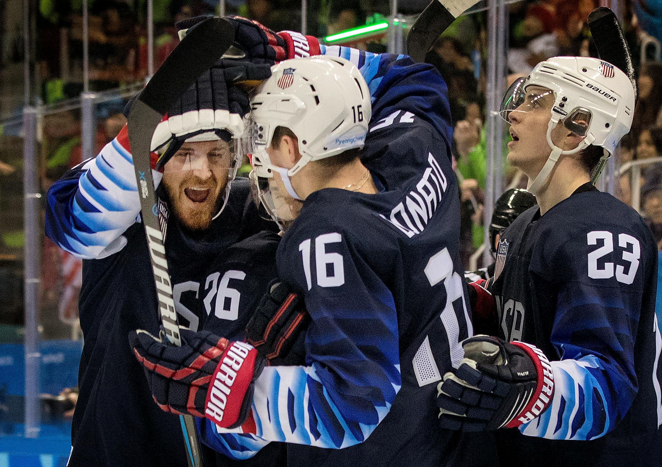 Ryan Donato (16) celebrated with Team USA teammates after scoring a goal in the third period against Slovakia. ] CARLOS GONZALEZ � cgonzalez@startribune.com - February 20, 2018, South Korea, 2018 Pyeongchang Winter Olympics, Gangneung Hockey Centre, USA vs. Slovakia