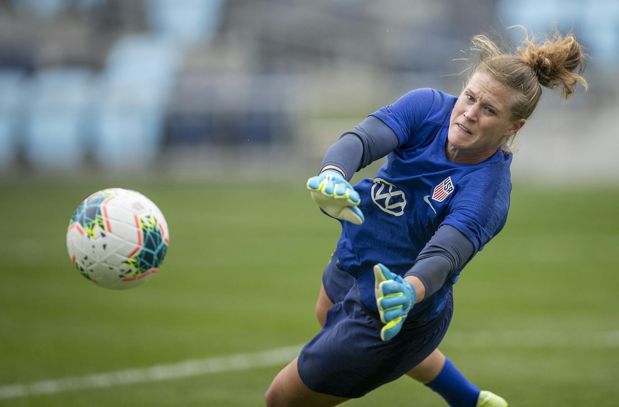 U.S. women's national team goalie Alyssa Naeher practiced during an open practice at Allianz Field, Monday, September 1, 2019 in St. Paul, MN. They will play a friendly game against Portugal on Tuesday.