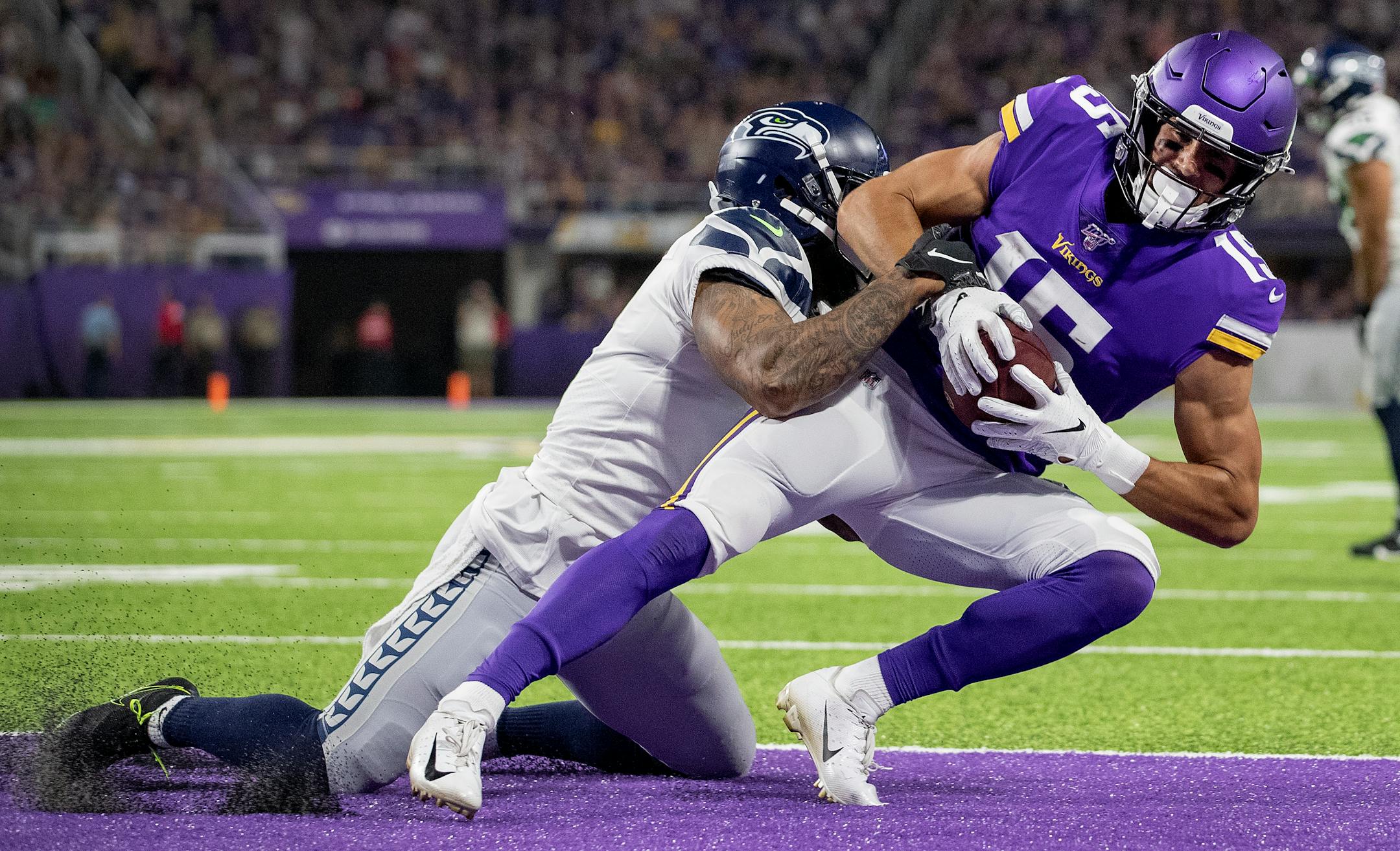 Vikings wide receiver Brandon Zylstra caught a 4-yard touchdown pass in the third quarter against the Seahawks on Sunday night. ] CARLOS GONZALEZ • cgonzalez@startribune.com – Minneapolis, MN – August 18, 2019, US Bank Stadium, NFL, Preseason, Minnesota Vikings vs. Seattle Seahawks