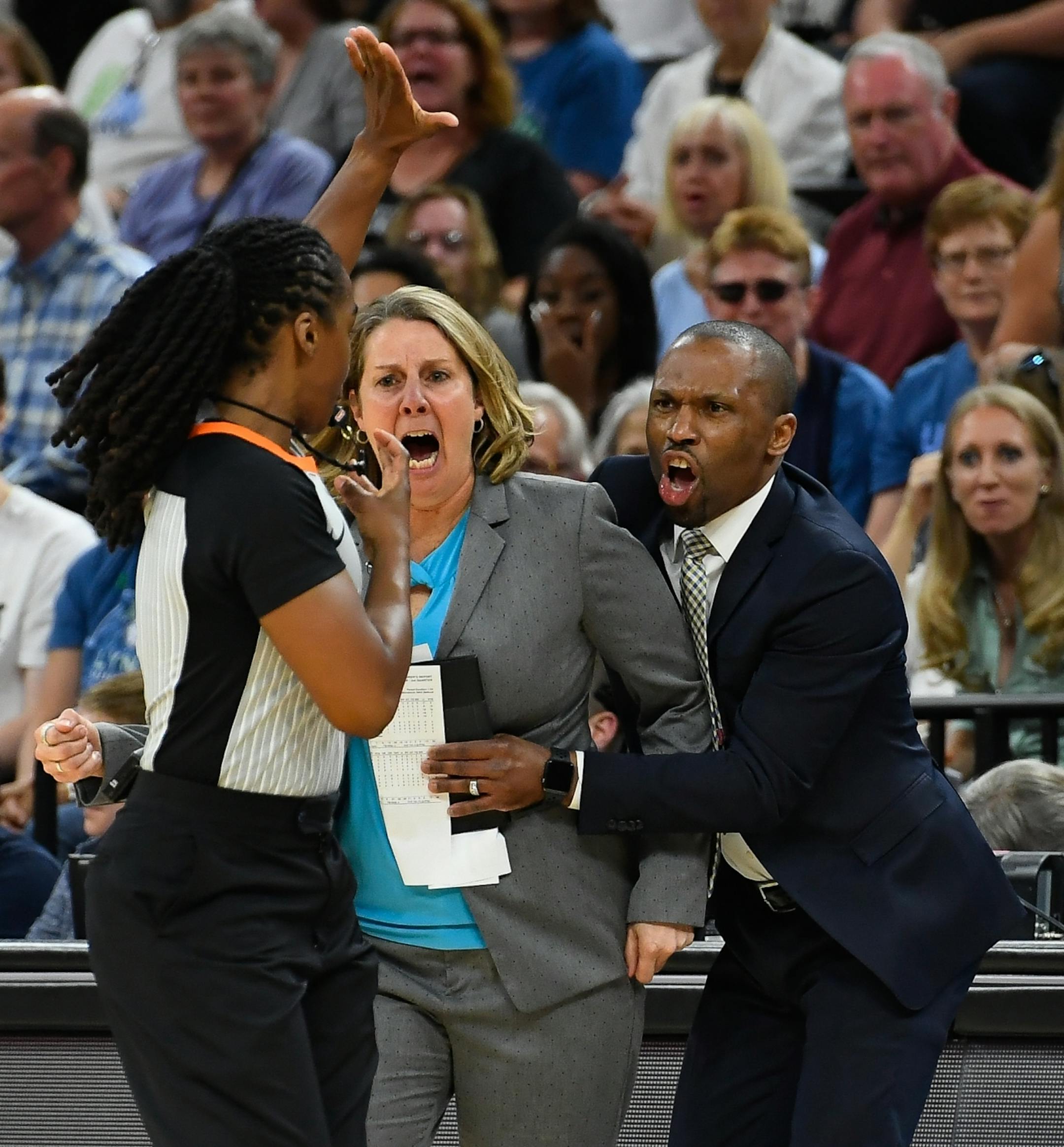 Minnesota Lynx head coach Cheryl Reeve argued a foul call with an official, leading to a double technical foul and Reeve's ejection in the second half.