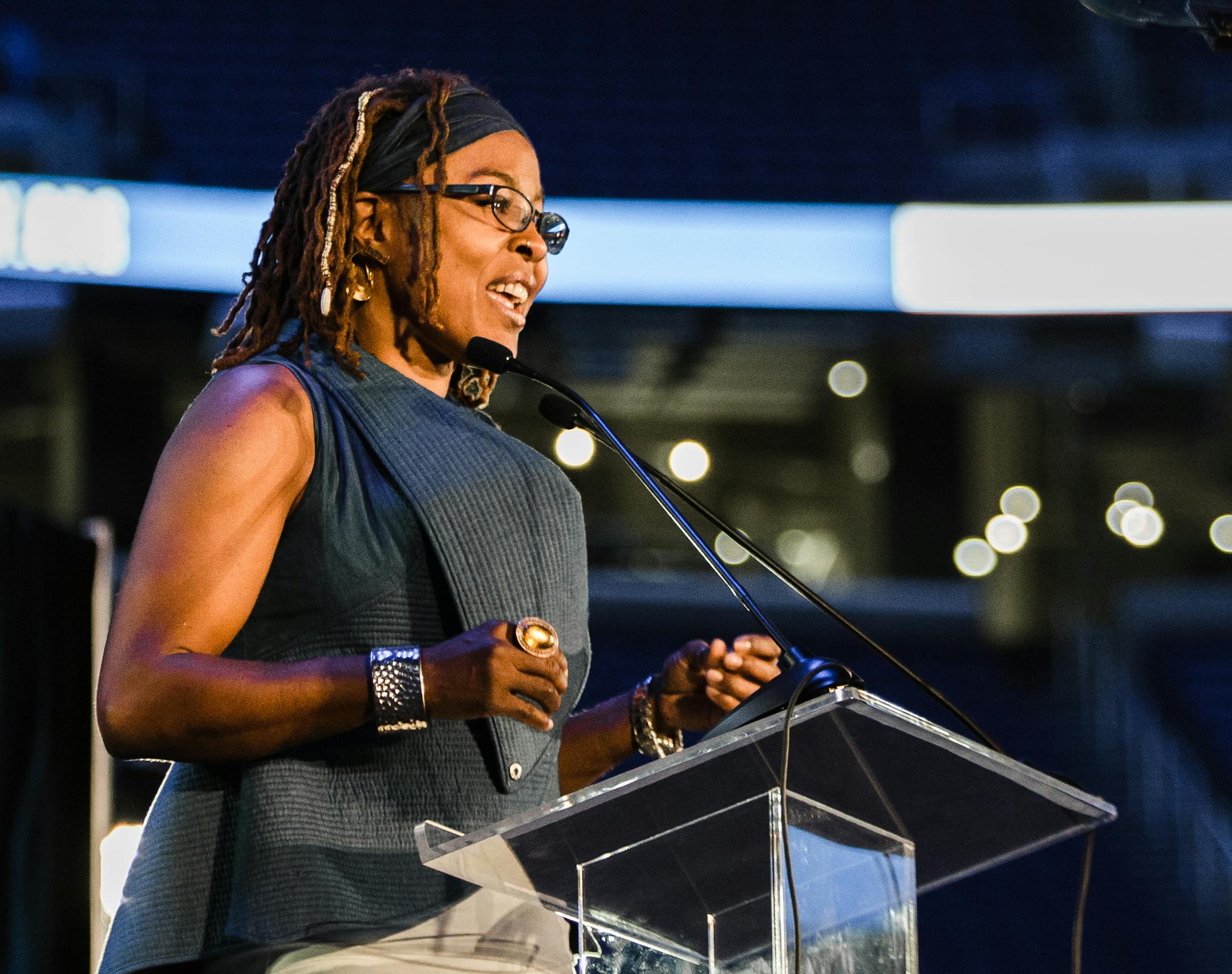 Appetite for Change, a north Minneapolis charity focused on increasing access to healthy foods won $75,000 and consulting services from the Greater Twin Cities United Way at a reality-style grantmaking event Thursday at U.S. Bank Stadium. Its co-founders, lift to right, Michelle Horovitz and Princess Titus addressed donors.
Photo courtesy of Greater Twin Cities United Way.