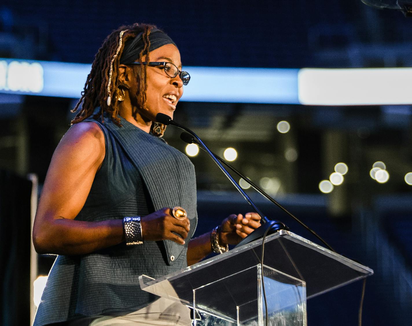 Appetite for Change, a north Minneapolis charity focused on increasing access to healthy foods won $75,000 and consulting services from the Greater Twin Cities United Way at a reality-style grantmaking event Thursday at U.S. Bank Stadium. Its co-founders, lift to right, Michelle Horovitz and Princess Titus addressed donors.
Photo courtesy of Greater Twin Cities United Way.