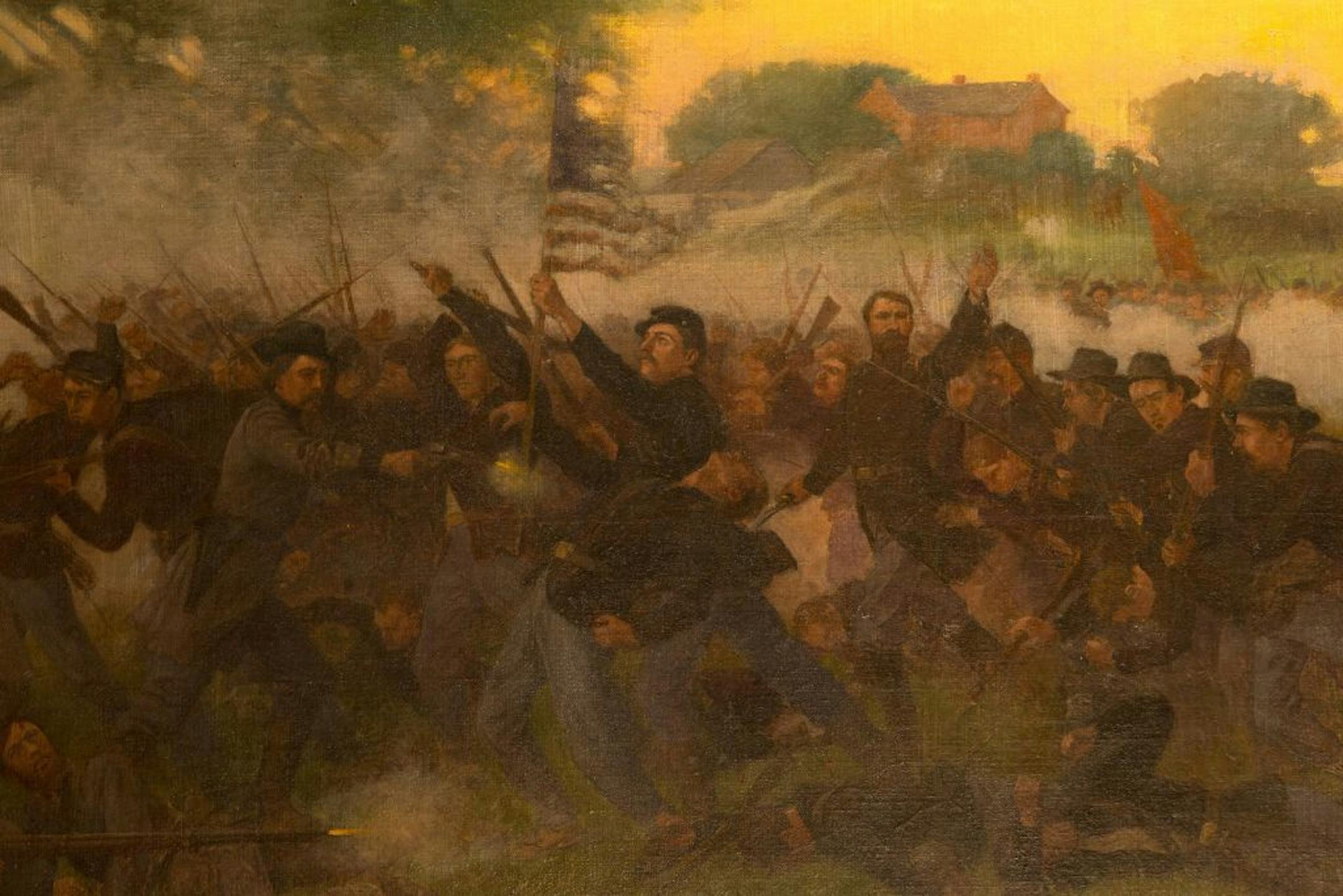 There is a painting in the Governor's Reception Room at the Minnesota State Capitol that depicts the First Minnesota Volunteer Regiment's historic firefight on July 2, 1863 in the Battle of Gettysburg. Ordered to charge down Cemetery Ridge, the regiment successfully stopped the advance of a Confederate brigade that was nearly six times larger and threatened to break through the Union-held line. Of the 262 men ordered forward to buy time until reinforcements could arrive, 220 were either killed o