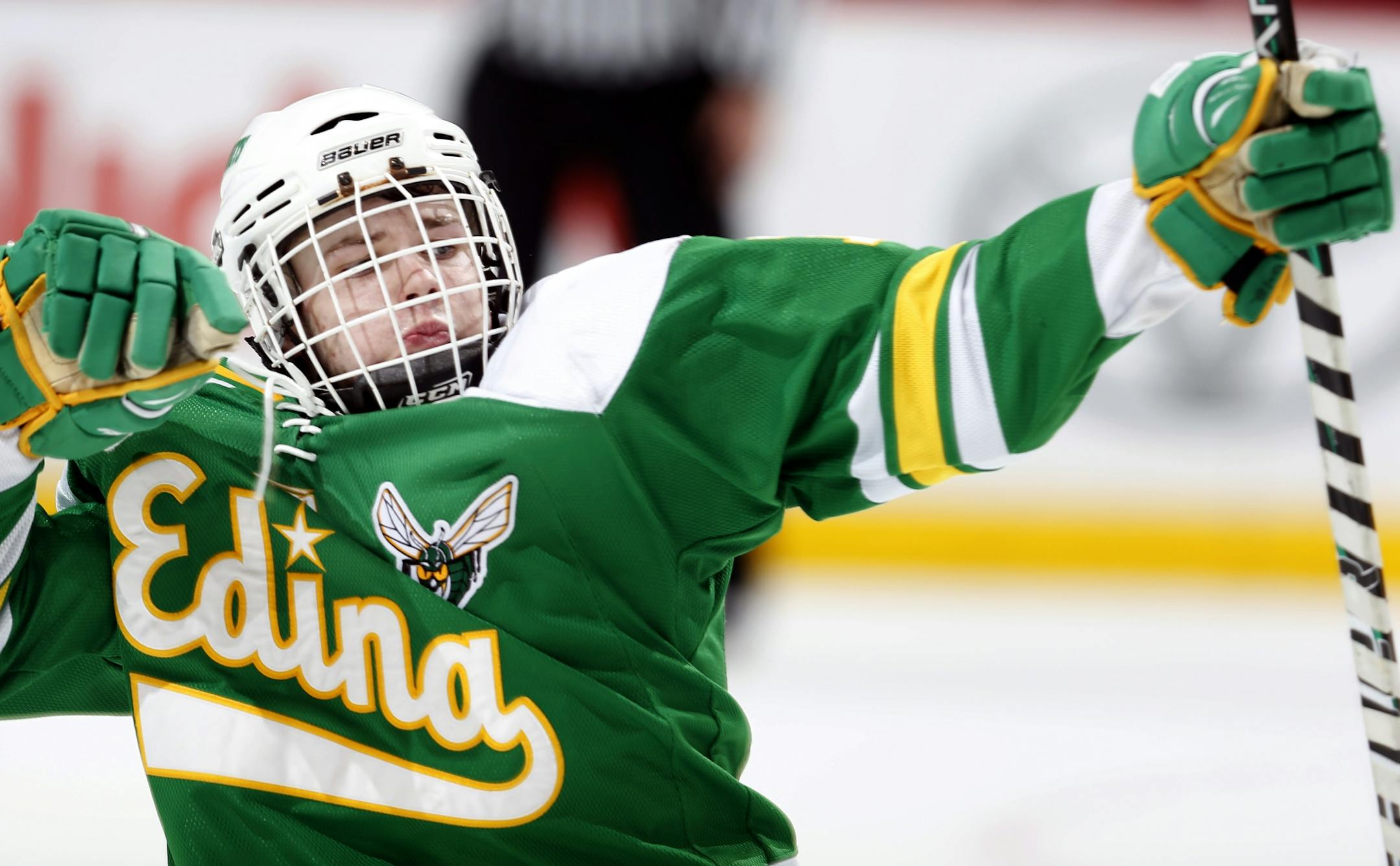 Andy Jordahl (10) of Edina celebrated after scoring a goal in the third period. Edina beat Duluth East by a final score of 3-2.