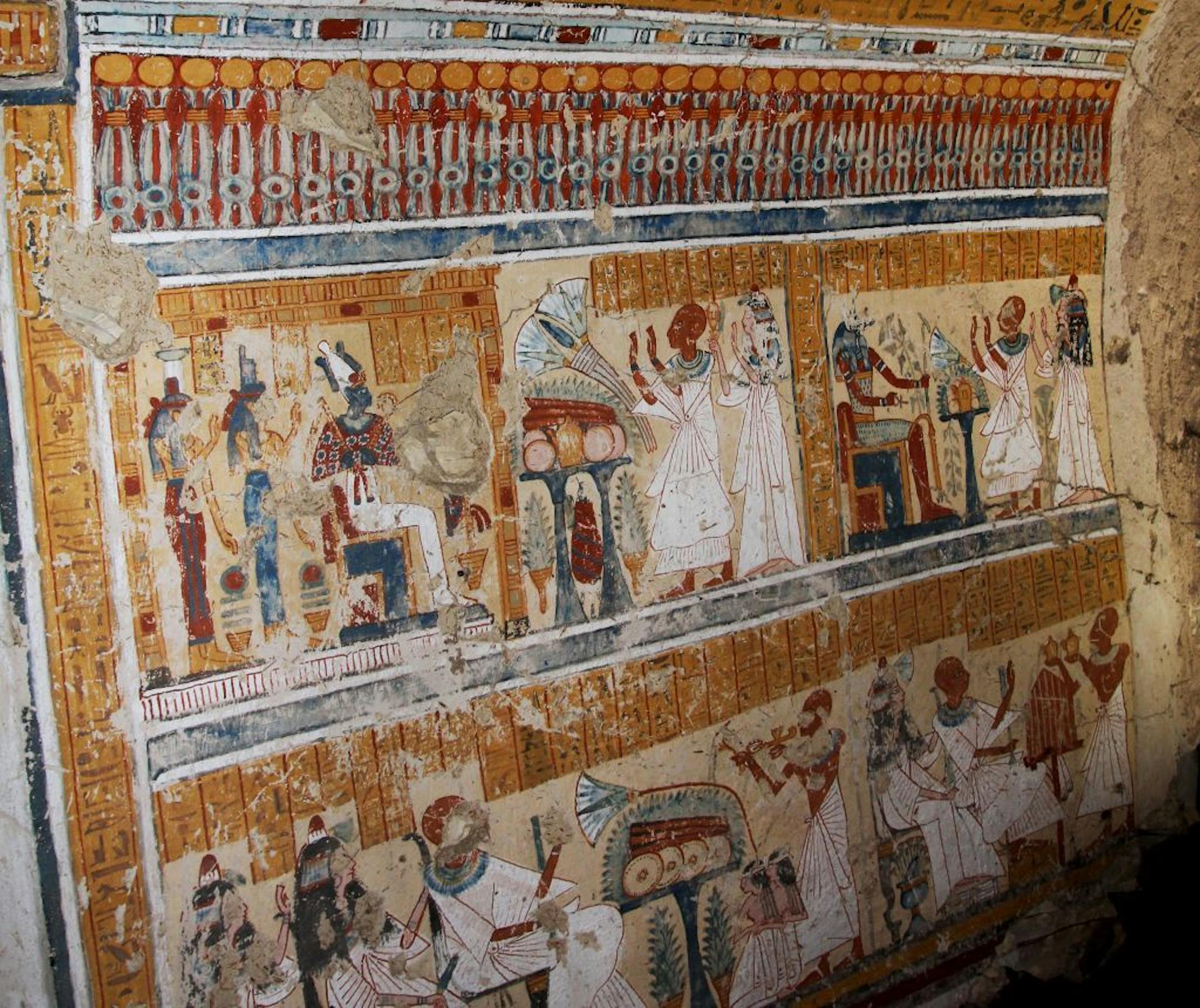 This image released by the Supreme Council of Antiquities shows colored inscriptions on a newly discovered tomb in Luxor, Egypt, Friday, Jan. 3, 2014.