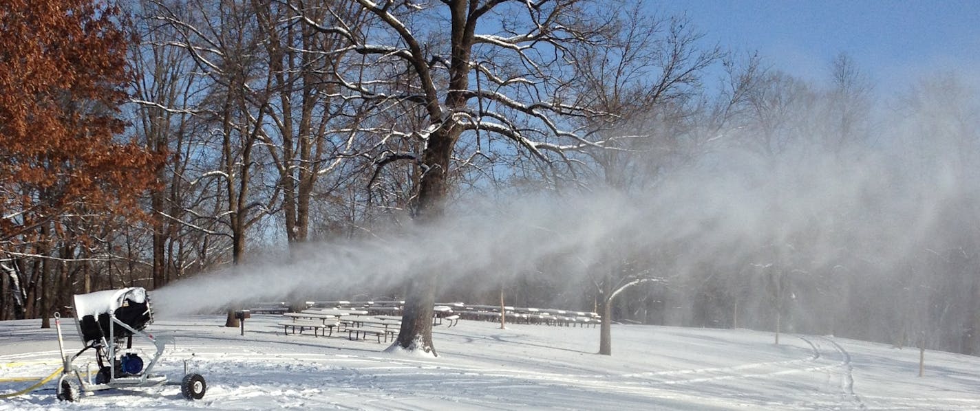 A snow-making machine did its work at Hyland Lake Park Reserve in Bloomington, part of a $5.75 million project. Photo courtesy Three Rivers Park District