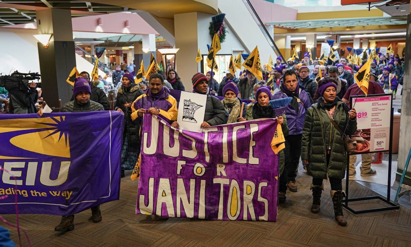 SEIU workers marched through the skyways of St Paul Monday, from Town Square to City Hall. Workers claim they've experienced wage theft and that their employers are not complying with the city's Earned Sick and Safe Time law.