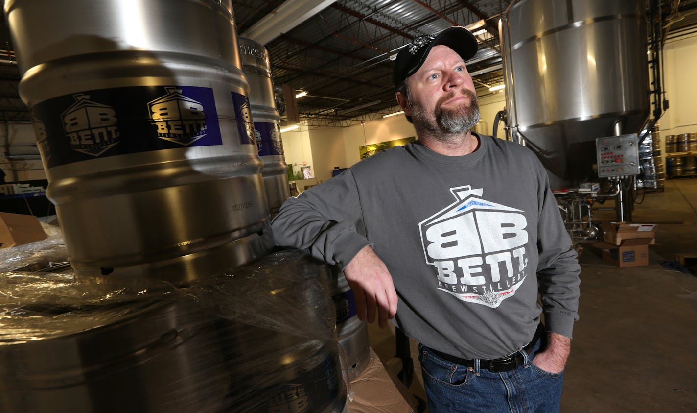 Bartley Blume, owner of Bent Bent Brewstillery was photographed, on 12/3/13 in the brew space he shares with another brewpub in Roseville MN. As the microbrewery craze spreads from cities to suburbs, more communities are looking into new rules to accomodate the fast-growing business. Shakopee is in the midst of opening more parts of the city to small-batch breweries, wineries and distilleries, Jordan recently changed its rules, and Anoka revised its zoning earlier this year. Others, including Pl