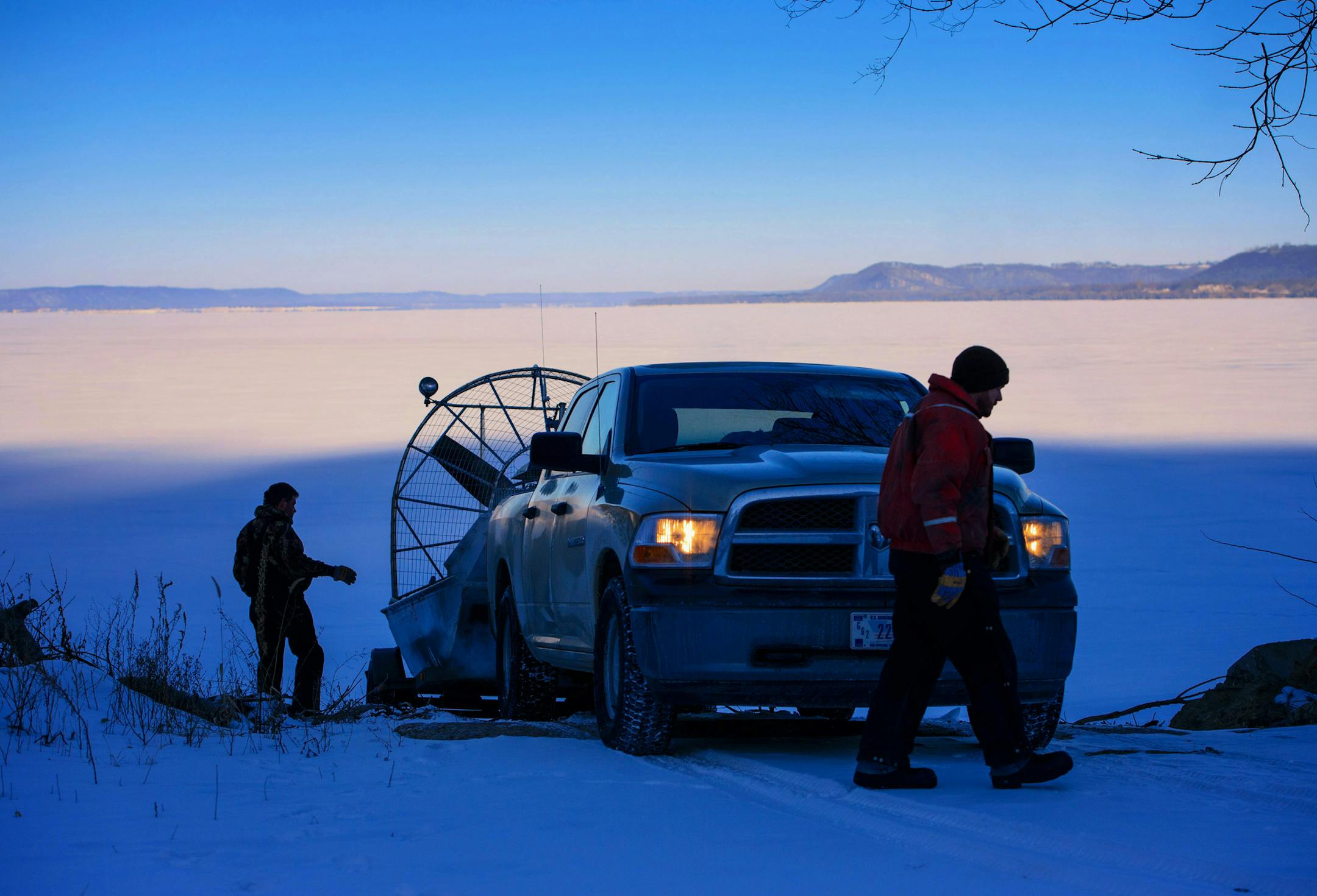 Just after sunrise, U.S. Army Corps of Engineers survey technicians launch their airboat on the frozen lake. ] GLEN STUBBE * gstubbe@startribune.com Wednesday, February 17, 2016 A team from the U.S. Army Corps of Engineers tested the ice thickness on Lake Pepin, trying to get an estimate for when the first towboat might break through to St. Paul to open the season.