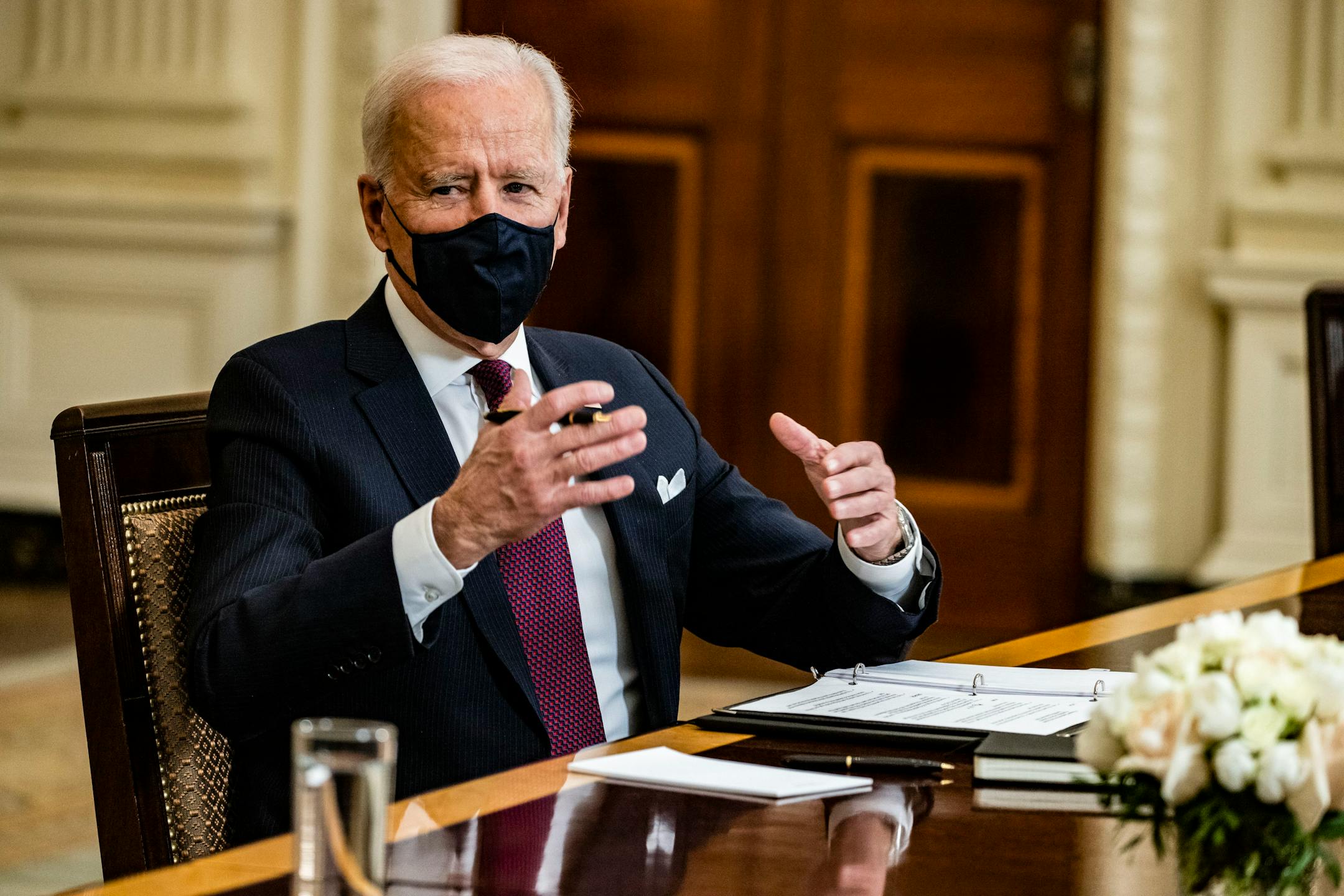President Joe Biden at a roundtable meeting with Americans who will benefit from the COVID-19 pandemic relief checks that are a part of the American Rescue Plan on March 5, 2021, in Washington, D.C. (Samuel Corum/Getty Images/TNS) ORG XMIT: 10721867W
