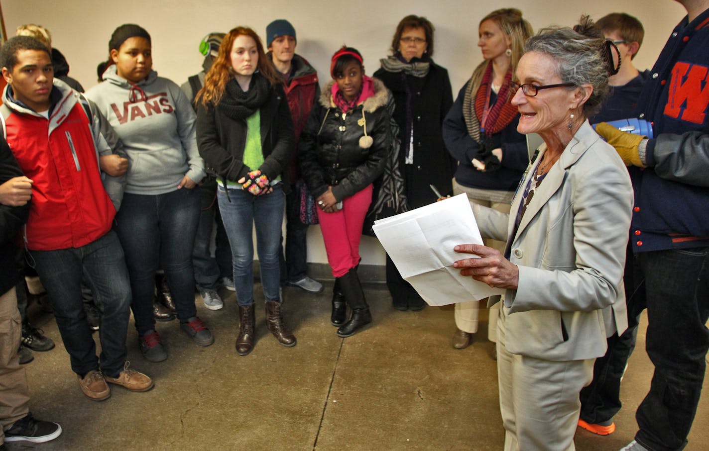 Carol Markham-Cousins, recently reassigned principal of Washburn High, met with students there in January.