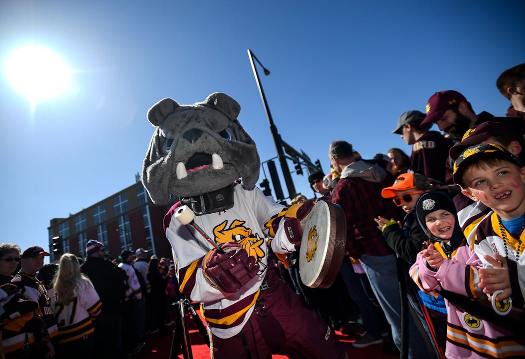 Champ, the University of Minnesota Duluth Bulldog mascot, in 2018. The university debuted a new model of Champ last week, to largely negative reaction.
