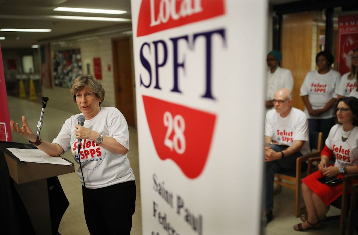 AFT President Randi Weingarten spoke during a news conference at at Hamline Elementary School Thursday June 21, 2018 in St. Paul, MN. In an effort to address enrollment and budget woes, the St. Paul school district is joining forces with the local teacher's union to go door-knocking to sell the St. Paul public schools to families with school-age children