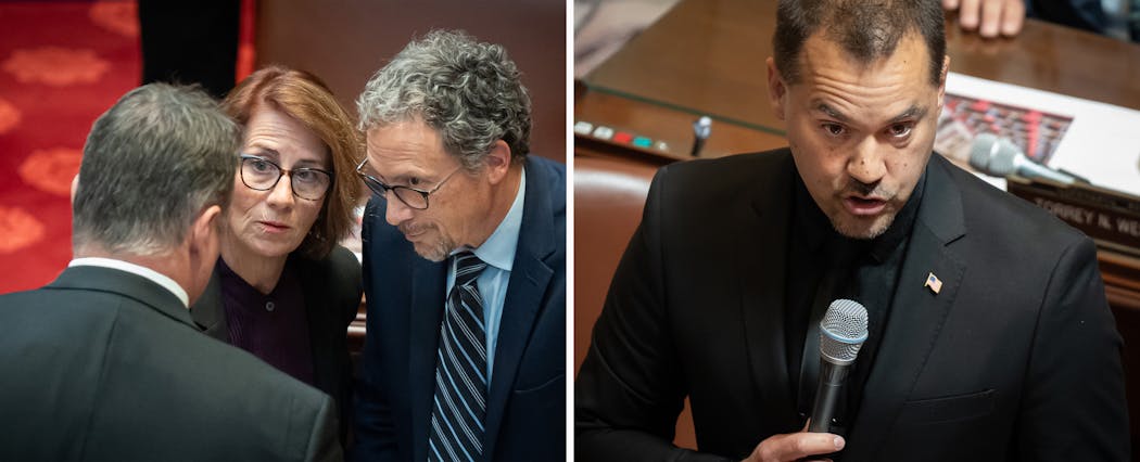 Left: Senate Majority Leader Erin Murphy confers with Sen. Nick Frentz, left, and Sen. Ron Latz, right, before a motion was brought to compel the rules committee to expedite an ethics committee hearing and consider expulsion of Sen. Nicole Mitchell on Wednesday. Right: Sen. Eric Lucero, R-St. Michael, reads the motion.