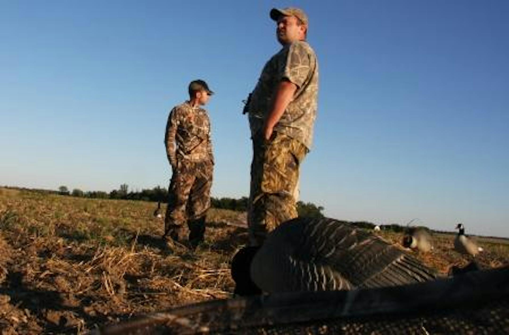 Cody Enger, left, and Donnie Kundel examine the decoy spread on Saturday's goose opener.