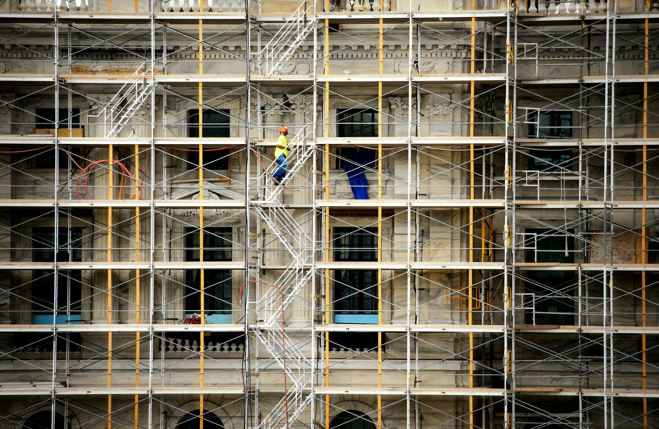 Scaffolding is expected to come down on the south and east sides of the State Capitol this fall as the north or front side will be covered for extensive stone restoration. Tuesday, July 7, 2014 ] GLEN STUBBE * gstubbe@startribune.com