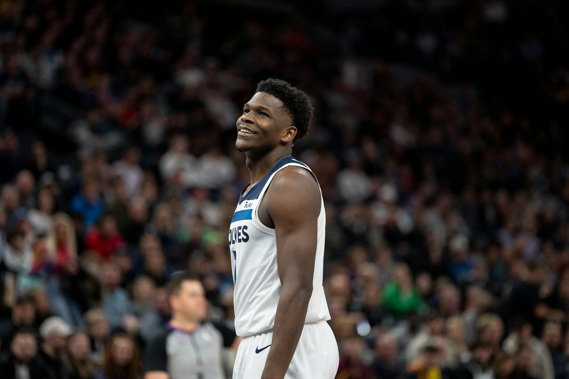 Minnesota Timberwolves guard Anthony Edwards (1) reacts to getting fouled in the first half. The Minnesota Timberwolves hosted the Washington Wizards at Target Center in Minneapolis, Minn., on Thursday, Feb. 16, 2023. ] RENEE JONES SCHNEIDER • renee.jones@startribune.com