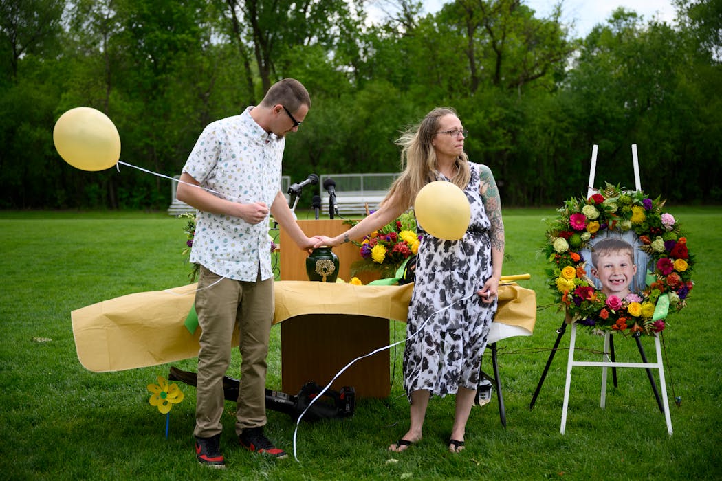 Tory Hart and fiancee Josie Josephson at a celebration of life for Eli Hart on May 28 in Randolph, Minn.