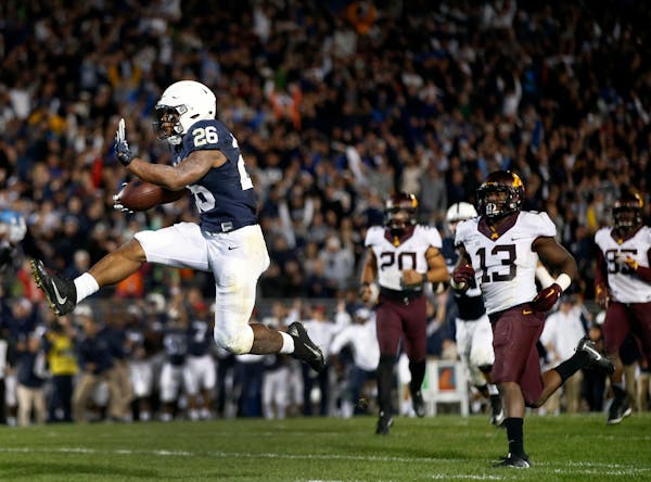 Penn State’s Saquon Barkley (26) scored the winning touchdown for Penn State vs the Gophers in overtime when the teams played at State College, Pa.,