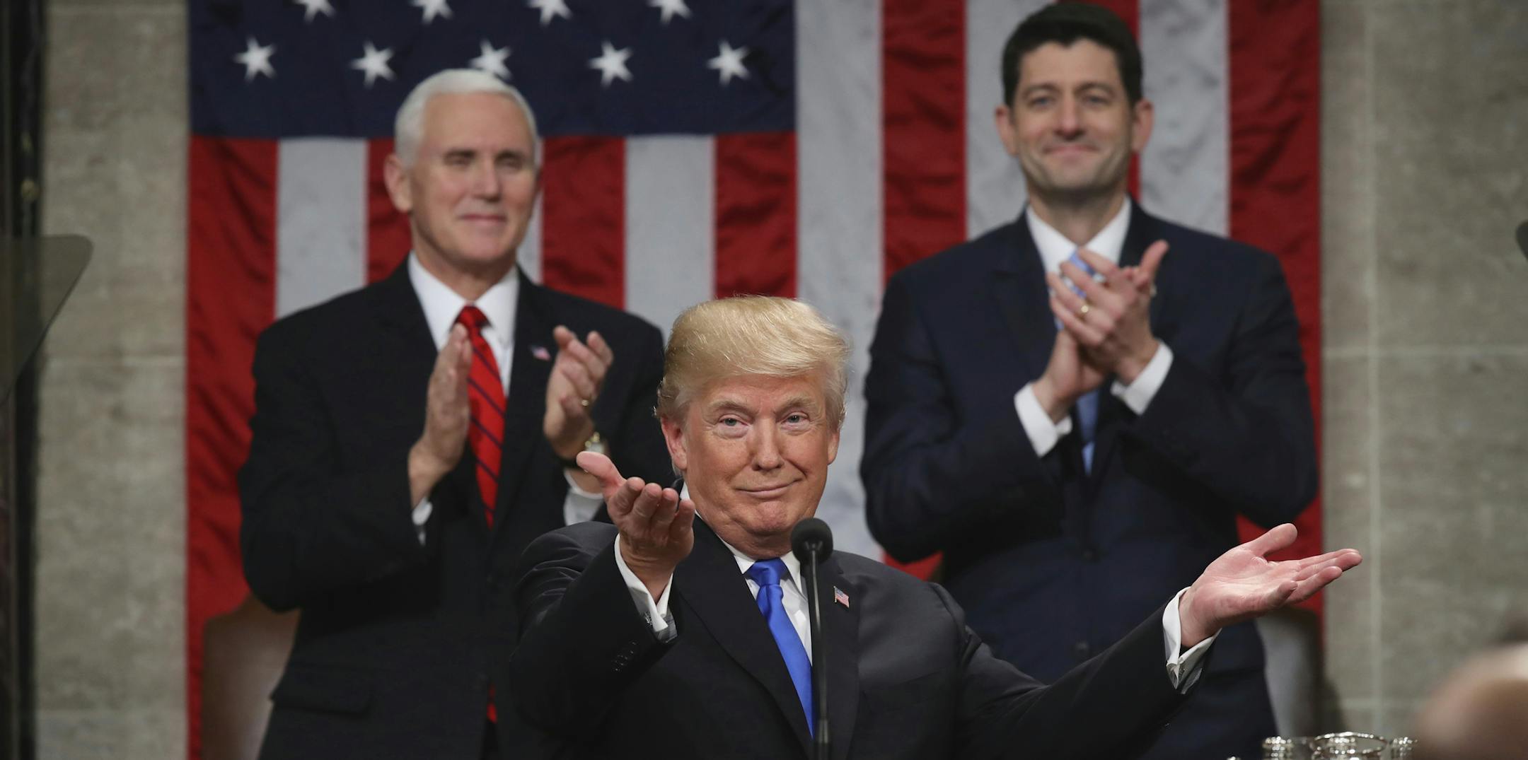 President Donald Trump gestures as delivers his first State of the Union address in the House chamber of the U.S. Capitol to a joint session of Congress Tuesday, Jan. 30, 2018.