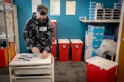 Gabe Lyrek, a Harm Reduction Specialist at the NorthPoint Health and Wellness Harm Reduction Center, demonstrates how to use fentanly testing strips b