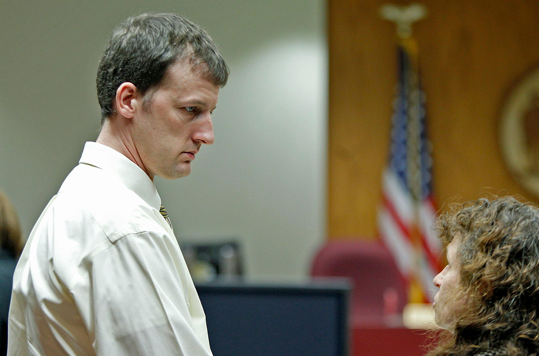 Aaron Schaffhausen consulted with his attorney Donna Burger after the seventh day of trial at a St. Croix County Courtroom in Hudson, Wis., Wednesday, April 10, 2013.