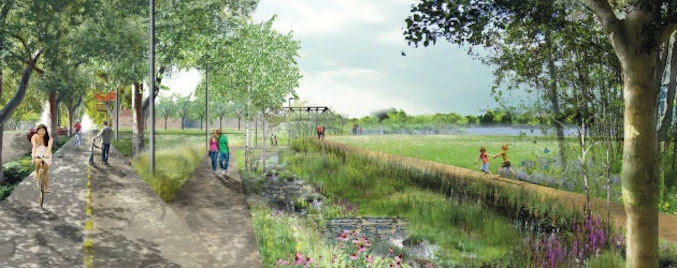 Artist image of riverfront parks along NE Marshall St. near the BNSF Railway bridge.