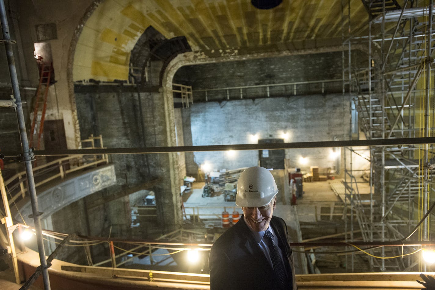 St. Paul Mayor Chris Coleman laughed with members of the media during the Palace Theatre tour.