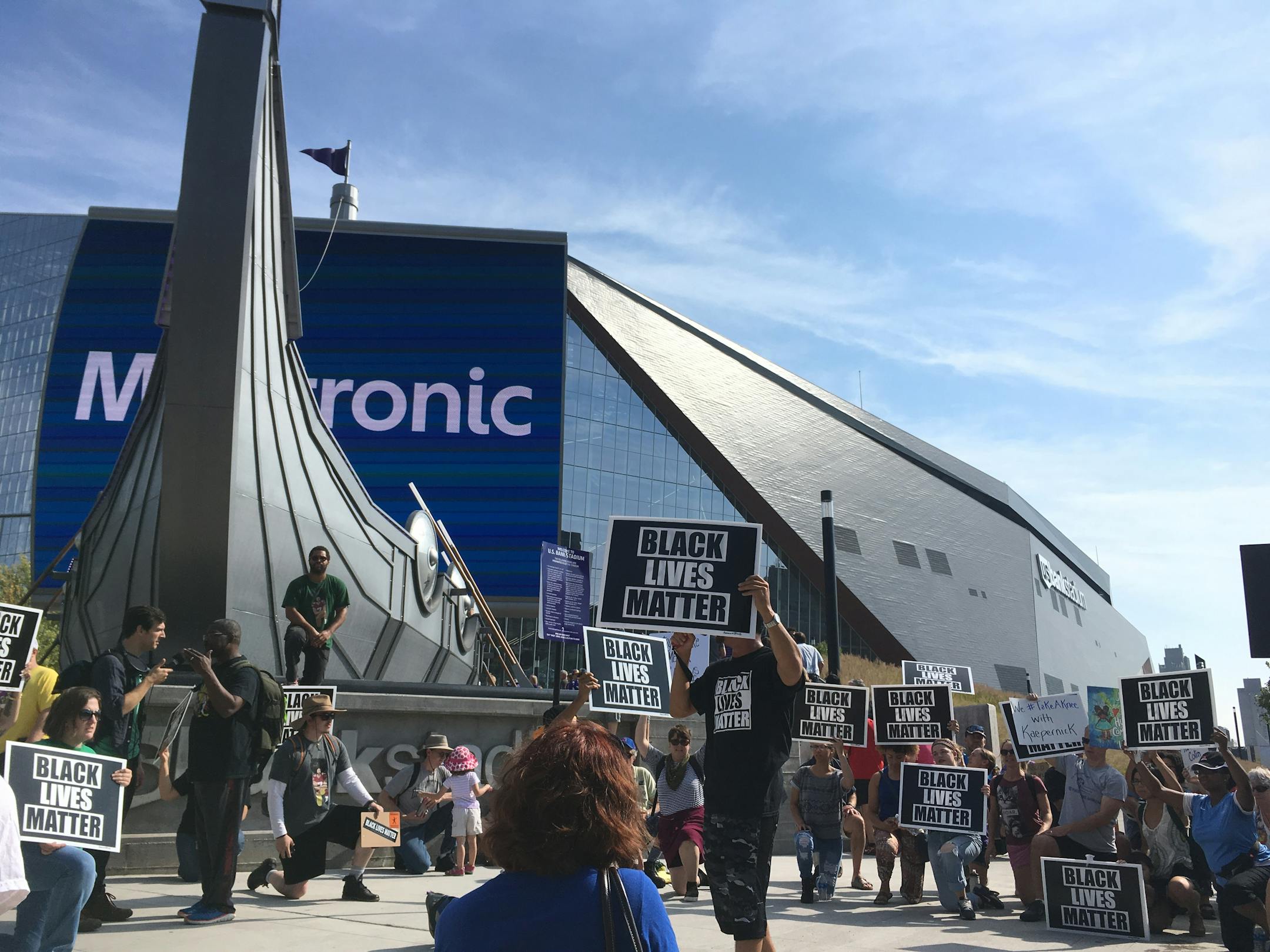 About 60 Black Lives Matter protesters rallied outside U.S. Bank Stadium just before kickoff on Sunday, September 24, 2017.