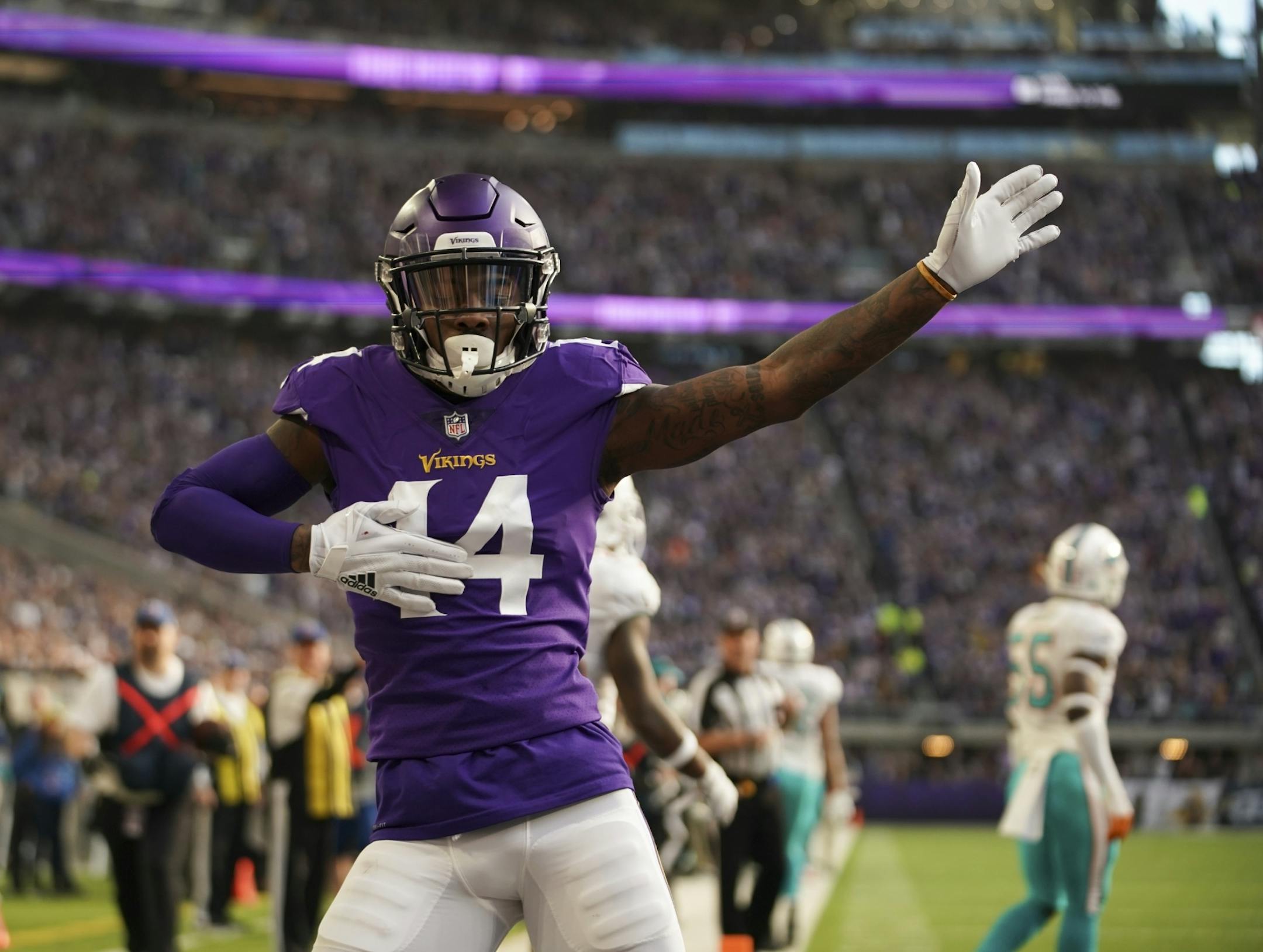 Minnesota Vikings wide receiver Stefon Diggs did a celebration dance after catching a 13 yard touchdown pass in the first quarter.