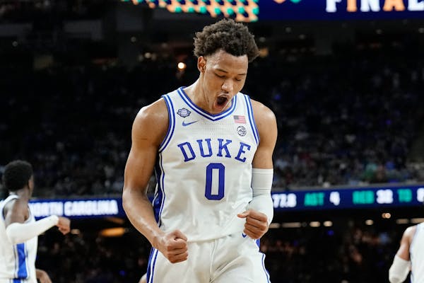 Duke forward Wendell Moore Jr. celebrates after scoring against North Carolina during the second half of a college basketball game in the semifinal ro