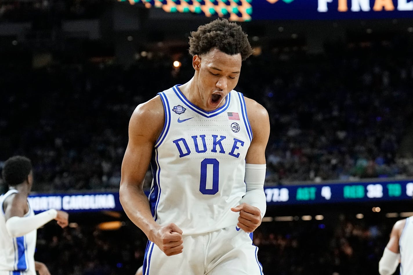 Duke forward Wendell Moore Jr. celebrates after scoring against North Carolina during the second half of a college basketball game in the semifinal round of the Men's Final Four NCAA tournament, Saturday, April 2, 2022, in New Orleans. (AP Photo/Brynn Anderson)