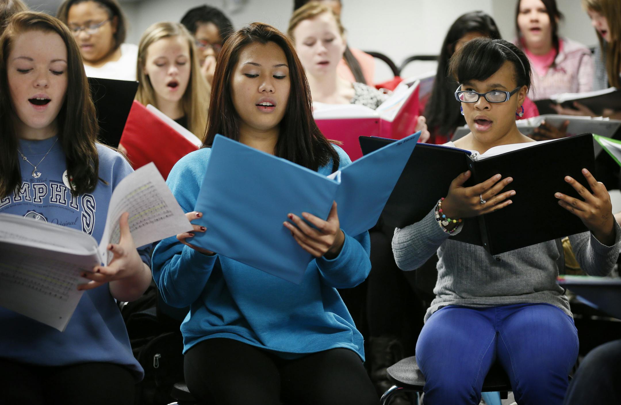 Students at The St. Paul Conservatory School left to right Candy Dyar, Jea Espino, and Audri Stringer worked on songs during a voice class Thursday October 24, 2013 in St. Paul, MN.The St. Paul Conservatory for Performing Arts, which previously required students to go back and forth between the Lowry and Landmark Center on Rice Park, invested in a full makeover of the Lowry's public spaces, a move that brought about a late start to the school year.] JERRY HOLT ‚Ä¢ jerry.holt@sta
