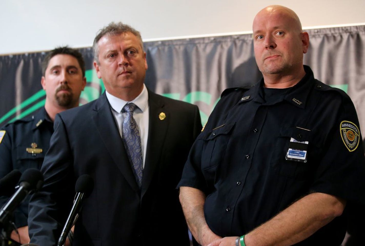 Oak Park Heights Corrections officers Jeff Vars, and Derek Magle, also AFSCME local 915 officers and AFSCME council 5 associate director Tim Henderson met with media members regarding a recent attack by an inmate at Oak Park Heights in which corrections officer Joe Parise died after helping to save one of his fellow officers. Here, Derek Magle, Tim Henderson and Jeff Vars took questions from media members Tuesday, Sept. 25, 2018, at AFSCME in St. Paul, MN.