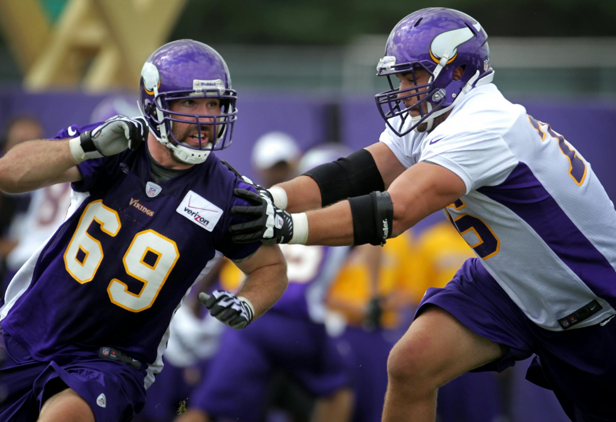 Vikings rookie offensive tackle Matt Kalil battled Jared Allen during the second day of practice at Minnesota State University, Mankato Saturday July 28, 2012 Mankato ,MN .